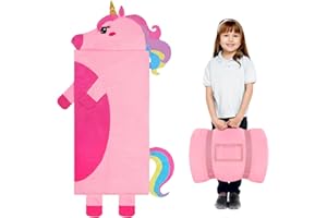 Decalsweet Sac de Couchage Chaud pour Enfants avec Oreiller Amovible, Tapis de Sieste pour Filles et Garçons, Couverture de Sieste avec Double Fermeture Eclair pour Camping Ecole Garderie,170×70cm
