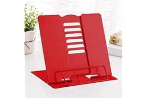 MSDADA Estantería de escritorio Estante de lectura de metal Estante de recetas ajustable Libro de texto portátil Libro de música plano con clip de página (rojo)