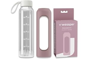Wessper szklana butelka na napoje z silikonowym pokrowcem, butelka z borokrzemowego szkła z oznaczeniem czasu 500 ml, idealna do fitnessu, szkoły, sportu, dla dzieci – Pudrowy Róż