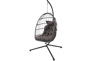 GADGETHAVEN Swing Chairs,Egg Chair Rattan Hanging with Cushion, Foldable Egg Chair Outdoor Indoor, Garden Patio Hammock Chair with Stand & Adjustable Height, upto 130 Kg Weight Capacity (Dark Grey)