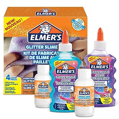 Elmer's kit pour slime pailleté avec colles pailletées bleue et violette + 2 flacons le liquide magique activeur pour slime, lot de 4 produits