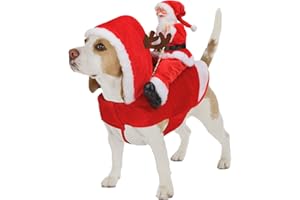 Mfsdai Dog Christmas Outfit, Santa Rides Pets Reindeer Costume, Red Cotton/Polyester Dog Clothing, Size M