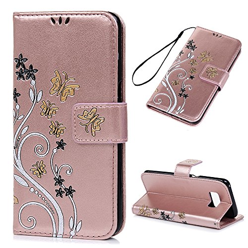 Lanveni Samsung Galaxy S8 Hülle, Handyhülle für Galaxy S8 Flip Case Cover PU Lederhülle Schutzhülle Magnetverschluss Ledertasche mit Stander Function Brieftasche Card Slot Handy Tasche mit Bunte Schmetterling Cover Design (Rose Gold)+ 1 x Stylus Pen + 1 x Staubdichte Stecker - 2
