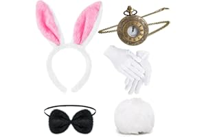 Kavoc 5 Pcs White Rabbit Costume Fancy Dress Accessories Set Including Bunny Ears Headband Bow Tie Gloves Tail for World Book Day Party Supplies