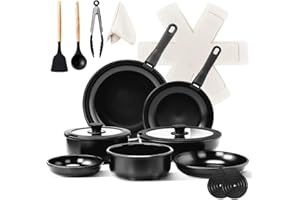 LEADZM Batterie de Cuisine Induction，Casserole Induction，poele，Set de Casseroles et Poêles en Céramique Antiadhésif - 23 Pièces avec Poignées Détachables（Noir）