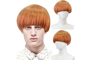 FOUNSHO Short Ginger Bowl Cut Wig with Band For Men Women, Adults Short Mushroom Wig Funny Ugly Nerd Hairs Bob Men's 60s 70s 80s Cosplay Costume Fancy Dress Party Crazy Hair Day Halloween (Orange)