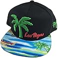 3D Embroidery Las Vegas LV Palm Tree Beach Print Flat Bill Cap Hat Sun Visor Protection Sport Travel, Black, One Size