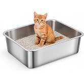 Nobleza Cat Litter Box, Stainless Steel, 45 x 35 x 15 cm High Rim Cat Litter Box, Cat Litter Box That Does Not Absorb Odors,