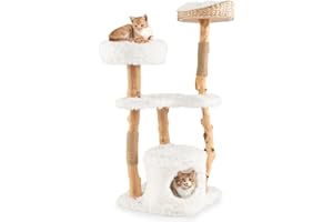 GOPLUS Arbre a Chat 48 x 48 x 124 CM à 5 Niveaux en Bois Massif avec Plateforme, Perchoir, Condo, 2 Griffoirs Recouvert de Jute, Arbre à Chat pour Se Reposer, Jouer, Ramper et Aiguiser