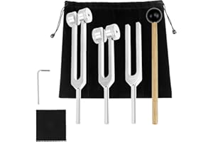 QWORK® Juego de Horquillas de Afinación 128 Hz, 256 Hz, 512 Hz para Curación y Terapia de Sonido - Diapasón de aleación de aluminio con martillo de silicona