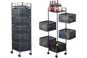 GLORLLIANT 5-Etagiges 360°-Drehbares Gemüseregal für Küche, Lagerwagen auf Rollen, Kartoffel-/Gemüse-/Obstkörbe, Schwarz