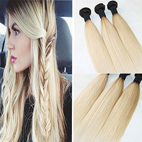 BeautyMiss 7A Grade 300g Full Head Brazilian Human Hair Bundles Color 1B and 613# Blonde Ombre Hair Extensions Straight Human Hair Weft 3Bundles/ Set (12" 14" 16")