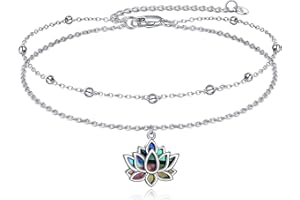 YFN Lotus Pulsera para mujer de plata de ley 925, tobillera con diseño de flor de loto, ajustable, para verano, playa, tobillo, regalo, 11 inches, Plata de ley, Concha de abulón