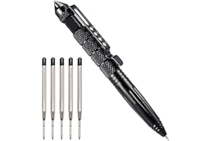 Regerly Tactical Pen, 1 Stück Taktischer Kugelschreiber Multifunktional Aluminium mit Glasbrecher und Selbstverteidigungs mit 5 schwarze Nachfüllungen für Tactical Defense (Schwarz)