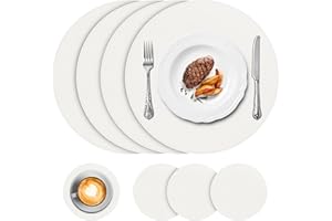 APLKER Leather Placemats and Coaster Set of 4, Round Table Mats Waterproof Kitchen Place Mats Coffee Mats Heat Resistant Placemat Non-Slip Washable Place Mats, White