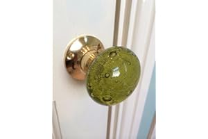 CHATTELS Beautiful Pair of Large Contemporary/Retro Round SAGE Green Smooth Bubble Glass Brass Mortice Door Knobs/Handles PL
