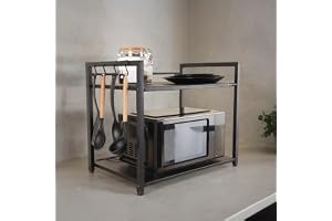 Amazon Basic Metal Microwave Stand Microwave & OTG Stand for Kitchen Counter Double Platform for Extra Storage with Hooks Kitchen Oven Rack(Black, Tiered Shelf) 61.0L x 40.5W x 50.9H CM