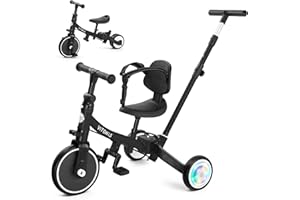 VITONIS Tricycle 5 en 1 pour Enfants de 18 Mois à 5 Ans, avec Roues Clignotantes, Tricycle avec Barre de poussée, Dossier et Ceinture de sécurité, Cadeau, vélo sans pédales, Noir