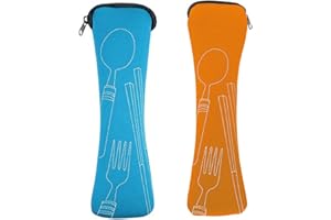 Mnsconkl Bestecktasche,Bestecktasche für Unterwegs 2 Stück Tragbare Neopren Bestecktaschen Leer mit Reißverschluss Besteck Camping Geschirr Waschbar Schule Picknick Besteck to go Orange Hellblau