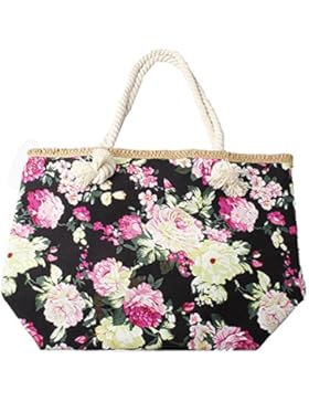 Accessoryo - Frauen rosa Rose Design Schwarzes Strandtasche mit Seilgurte