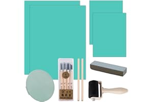 SIYRDXCBT 13 Stück Linoldruck Set 2 x A4 und 2 x A6 Grüner Linoldruck Linolschnitt Set Stempelgummi 3mm Dick Mit Schnitzmesser Walze Reibend Wetzstein Bleistift für Topografie Gravur Kunstdrucke Druck