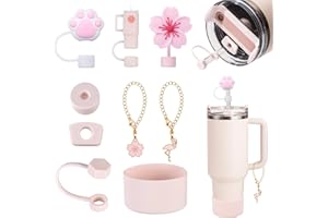 Yuecda 9 sztuk akcesoriów Stanley Cup, w tym silikonowe etui ochronne, szczelny zestaw zatyczek, pokrywka słomki, wisząca biżuteria, odpowiednie do kubków Stanley 1,2 l i 850 ml (różowe)