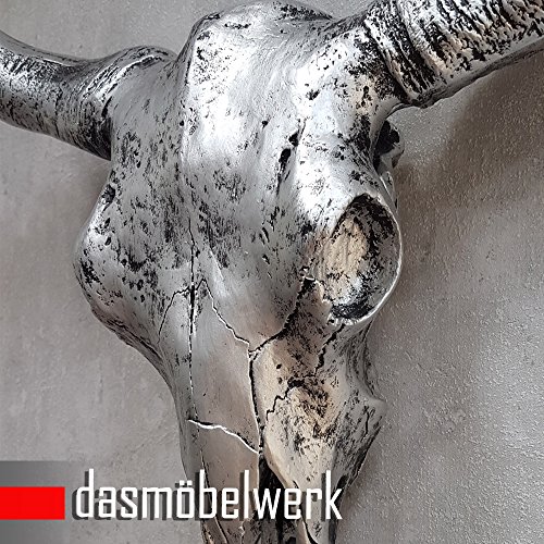 dasmöbelwerk XXL Deko Schädel 65 cm Antik Silber Stierkopf Skulptur Stier Bullenschädel Wandskulptur Hörner Bulle Stierschädel - 3