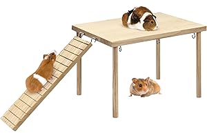 ALBEFER Guinea Pig Hideout, Natural Wooden Living Shelter with Stairs, Durable Guinea Pig Bed, Guinea Pigs Platform for Small Guinea Pig Chinchilla Hamster Ferrets Hiding Sleeping＆Small Animal