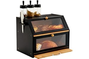 YOUDENOVA Bambusowy ekologiczny pojemnik na chleb, z deską do krojenia, pudełko do przechowywania, chlebak, 39 x 26 x 32,5 (dł. x szer. x wys.), czarny