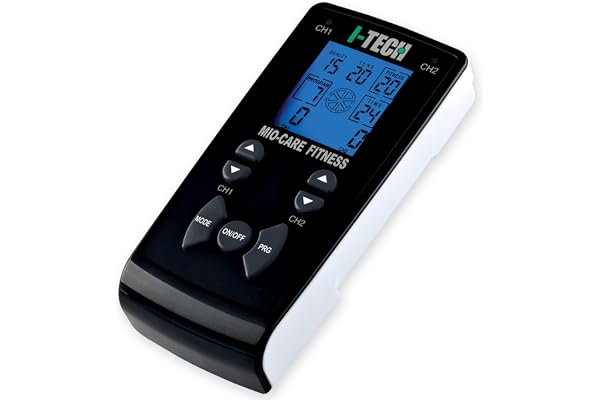 I-Tech Mio-Care Fitness, Électrostimulateur 2 Canaux Indépendants, 8 Électrodes, Écran Rétroéclairé, Max 100 mAh par Canal, 55 Programmes : 20 Médical, 15 Beauté, 20 Fitness, 500 Applications