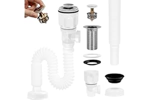 Hshenjhu Kit di Scarico Lavandino Bagno, Tubo di Scarico per Lavandino con Tubo di Scarico Flessibile, Piletta Lavabo Bagno, per Bagno Cucina Tubo Scarico Lavandino, Allungabile da 300-1000MM,Bianco