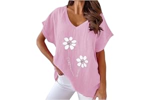 NUSGEAR 2023 Camiseta Manga Corta Mujer, Verano Algodón y Lino Moda Impresión Blusa Camisa Cuello en V Basica Camiseta Elegant Suelto Tops Casual Fiesta Cómodo T-Shirt Original tee Playa
