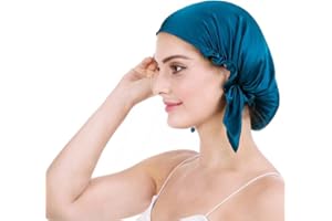 OROPY Mulberry Silk Night Sleep Cap Bonnet for Hair Loss, Women Silk Hair Wrap 19 Momme Soft with Adjustable Elastic Ribbon (Free Size, Peacock Blue Color)
