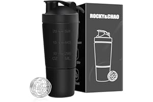 ROCKY&CHAO 700ML Protein Shaker with 200ml Storage Cup, Metal Protein Shaker With Mixball, BPA Free&Leak-Proof Shaker Bottle For Protein Shakes, Stainless Steel Shaker with Storage&Shaker Ball, Black