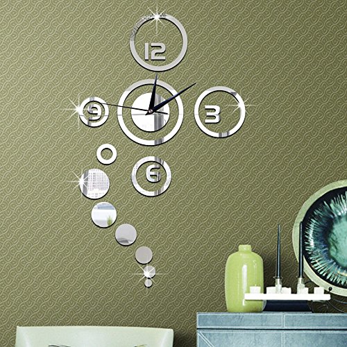 Forepin® DIY Wanduhr Moderne 3D Wandtattoo mit Spiegel Design Dekoration Clock Uhr für Öffentliche Wohnzimmer Büro Schlafzimmer Studierzimmer - Silber