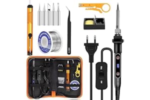 LUNRIWIS 80W LCD Lötkolben Set,Soldering Iron,Lötset,Temperatur einstellbar 180-520°C mit Ein/Aus Schalter, Lötkolben mit 5 Spitzen, 50g Lötdraht, Entlötpumpe, Lötkolbenhalter