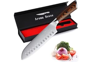 Aroma House Couteau Santoku 18 cm professionnel Couteau de chef Couteau de Cuisine Couteau en acier inoxydable Lame très tranchante avec boîte-cadeau pour le ménage et le restaurant