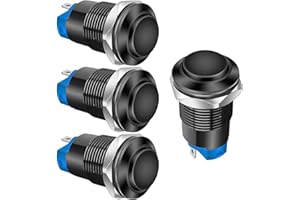 Gebildet 4piezas 12mm Interruptor de Botón de Bloqueo Cable de Cabeza Elevada Aleación de Aluminio 1NO 12V 24V 36V 110V 250V Impermeable IP65 sin LED (Carcasa Negra)