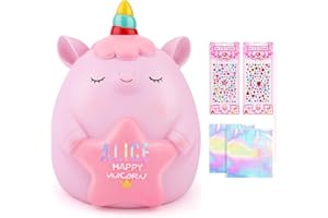 TCJJ Salvadanaio Per Bambini, Salvadanaio A Forma Di Unicorno Per Ragazza, 2 Lettere Dell'Alfabeto E 2 Adesivi Con Strass E Braccialetto Con Unicorno, Regalo Per Compleanno, Natale