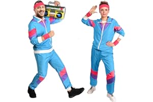 Aomig 90er 80er Jahre Kostüm Erwachsene, Retro Trainingsanzug für Männer Frauen, Disco Ganzkörperanzug, Partner Outfit Jacke und Hose 80er Party Bad Taste für Mottoparty Karneval(Blau-XL)