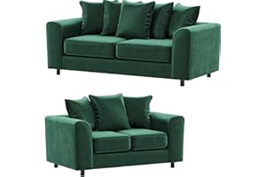 Furnishings For Less UK Brooklyn Green 3 + 2 Sofa Suite Seater Sofa Plush Velvet Full Foam seating Scatter Back (Green, Sofa Suite (3+2 Sofa Set))