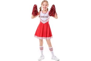 LOLANTA Costume Cheerleader Bambina,Raggaze Vestito Carnevale Cheerleadering con Pompon(11-12 Anni,Rosso,Tag 160)