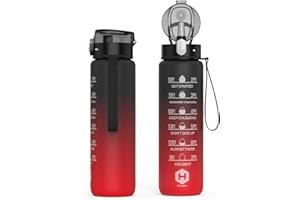 HOMEEX 1L (32oz) Motivational Water Bottle, BPA-free Sports Water Bottle with Time Marker - Quotes - One-Click Technology Ideal for Jogging, Hiking, Office, School, Adults, Children (Black & Red)