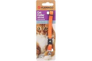 FLAMINGO Collar Gato - Elza Naranja 20–34 cm – Nylon elástico Reflectante con Cascabel