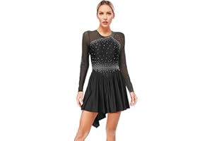 Oyolan Justaucorps Robe Patinage Artistique Femme Tenue Strass Manches Longues Leotard Gymnastique Performance S-XXL