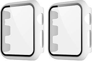 2 Pack HANKN Tempered Glass Case Compatible with Apple Watch Series 3 2 1 Case Tempered Glass Screen Protector, Hard PC Full Coverage Shockproof Iwatch Cover Bumper (38mm, White+White)