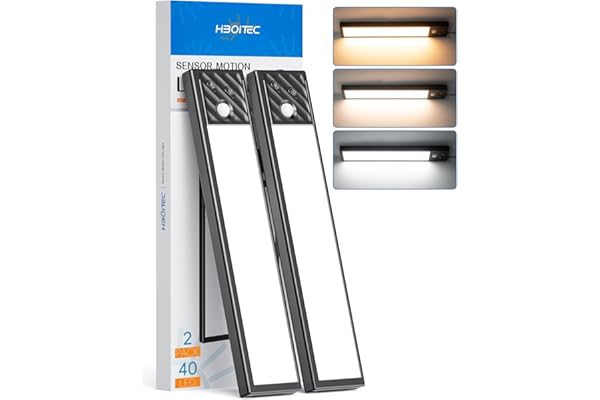 HIBOITEC Reglette Led Cuisine Luminosité Réglable, 40 LED Lumière Cuisine Sous Meuble à Détecteur de Mouvement, Éclairage de Vitrine LED Sans Fil pour Placard Armoire Escalier (3 Couleurs, 22,5 cm)