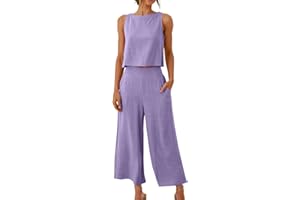 AMhomely Summer Tracksuit Womens Full Set 2 Piece Outfits Linen Sleeveless Tank Top and Wide Leg Trousers Soft Sportswear Palazzo Pants Loose Fit Activewear Solid Color Resort Wear