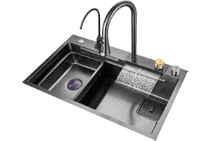 EARNMORE Jednokomorowy zlew kuchenny ze stali nierdzewnej 304, czarna nanopowłoka, wielofunkcyjny, ręcznie robiony, z wyciąganą wylewką i durszlakiem, nablatowy lub podblatowy, na blat baru