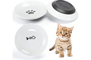 DAZHSHUN Ceramic Cat Bowl, Set of 3 Cat Feeding Bowls, Cat Ceramic Set, Prevents Whisker Fatigue, Flat Wide Food and Water Bowl for Kittens, with Non-Slip Rubber Base for Cats, Small Dogs